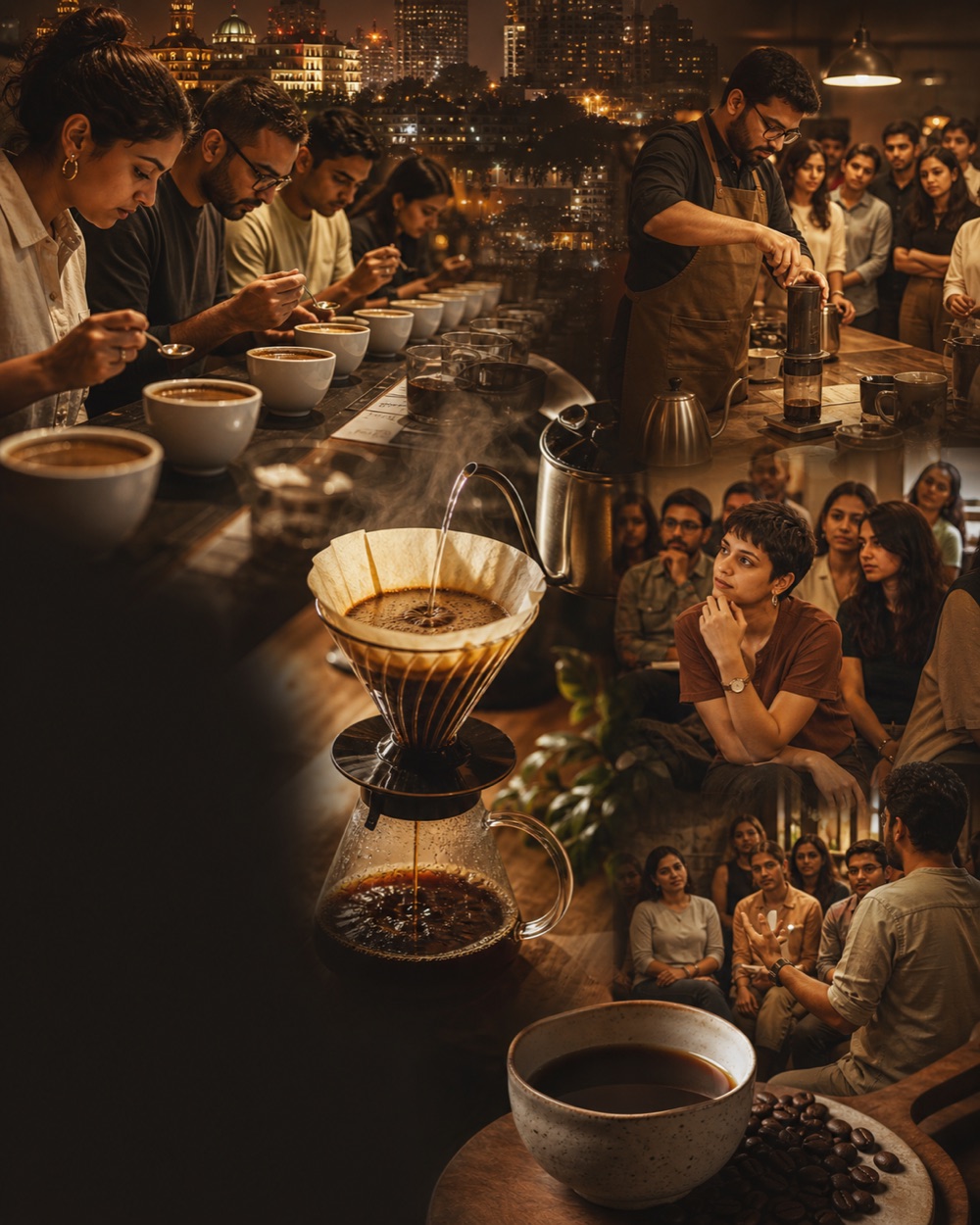A montage of coffee cuppings, brewing workshops and learning events in Indian cities