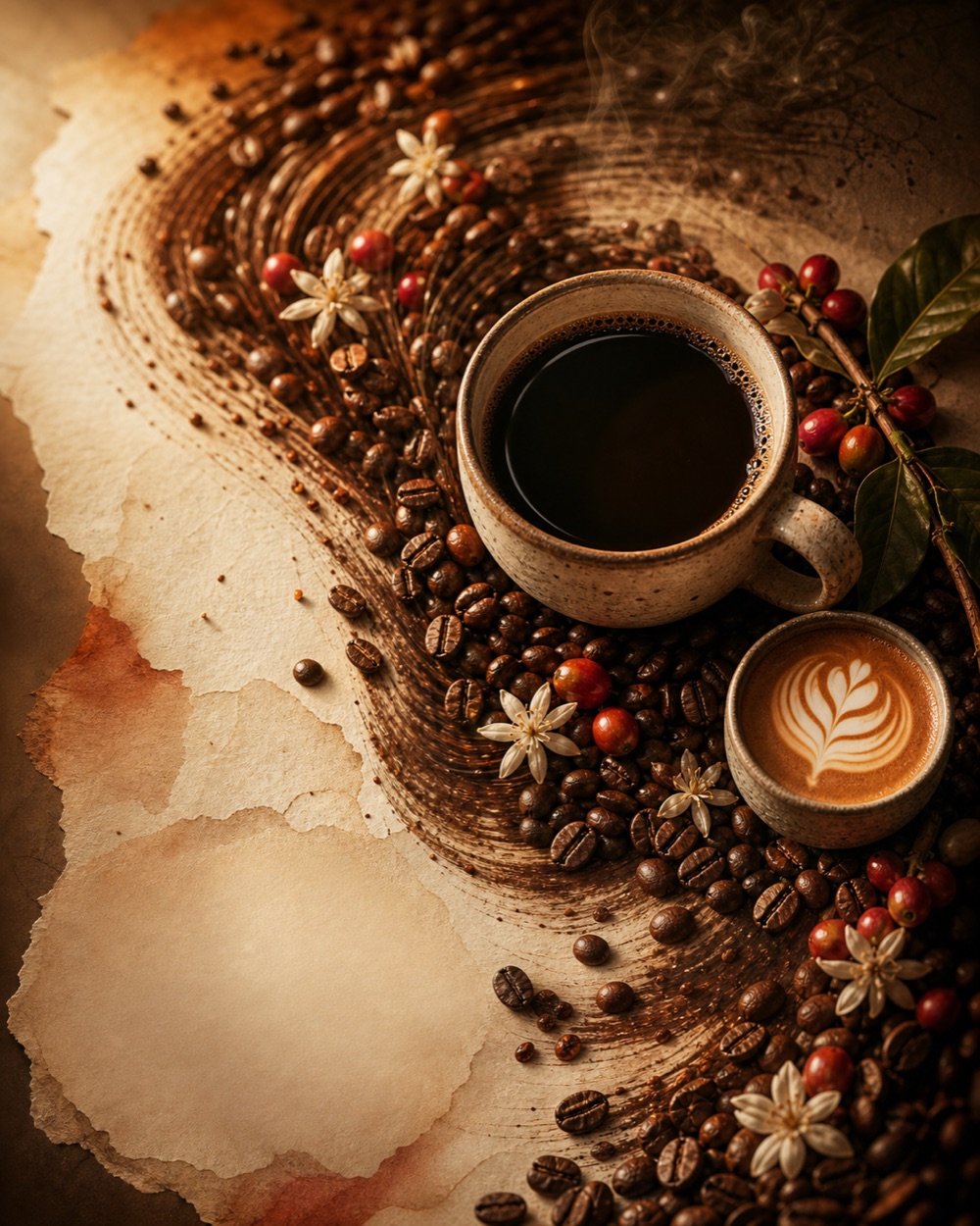 An artistic arrangement of coffee cups, roasted beans, cherries and coffee blossoms