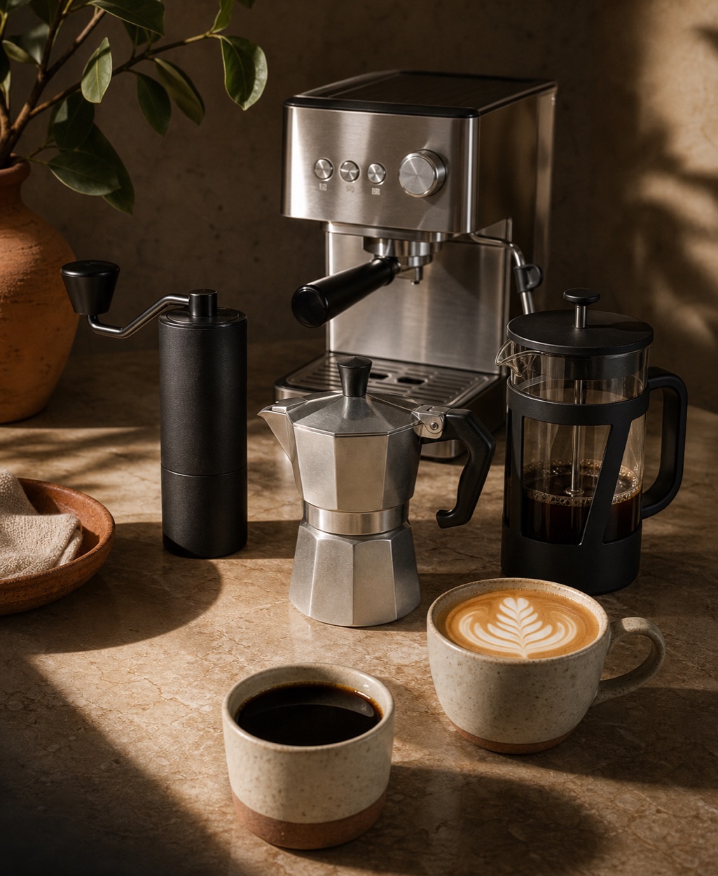 Home espresso machine, hand grinder, moka pot, French press, latte art and black coffee