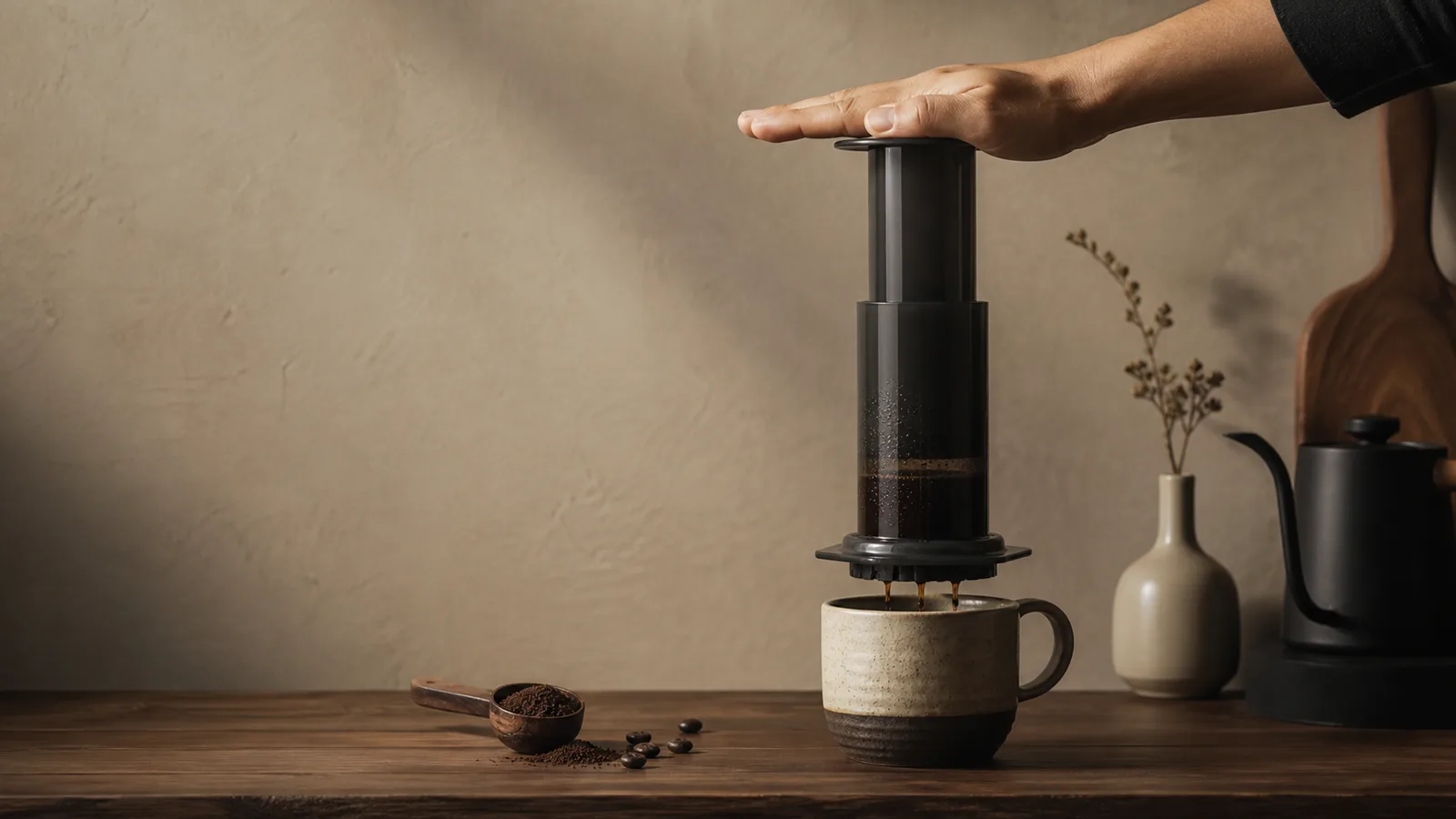 Manual AeroPress-style brewer pressing coffee into a ceramic mug