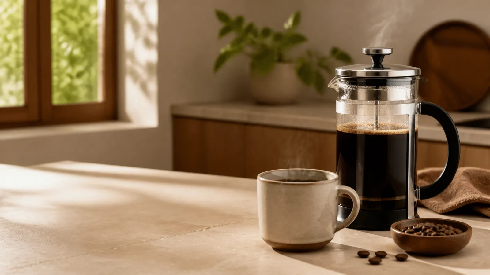 French Press coffee and ceramic cup in warm morning light